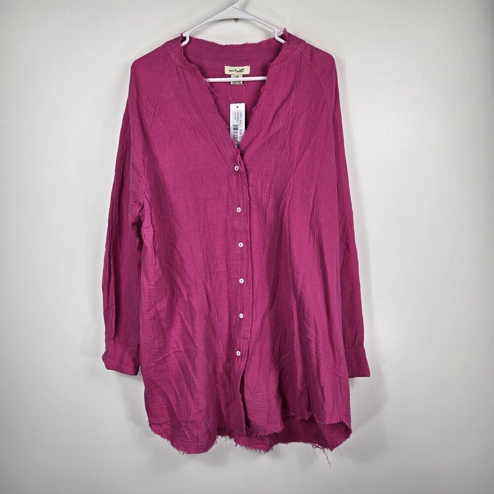 Simply Noelle Women's L/XL 12-14 Pink Frayed Edges Long Sleeve Button Up NWT